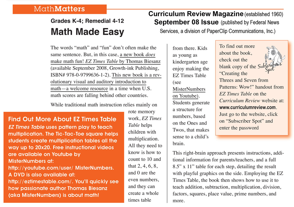 Curriculum Review article EZ Times Table